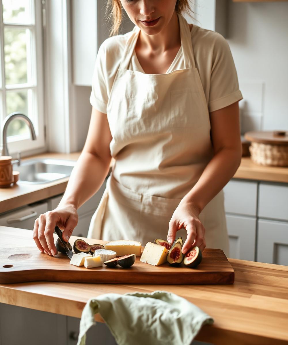 Owner styling a charcuterie board in a sunlit kitchen