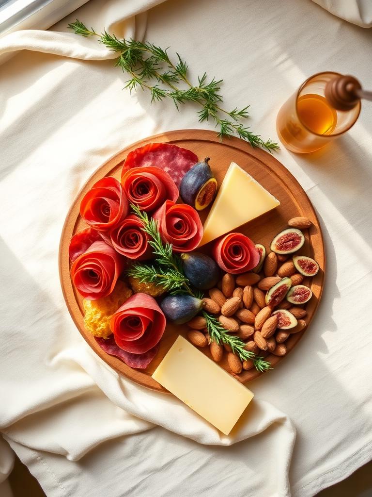 Round wooden charcuterie board with salami roses, brie and figs