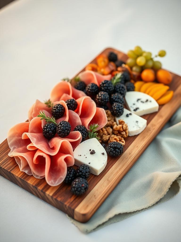Rectangular charcuterie board with prosciutto and blackberries