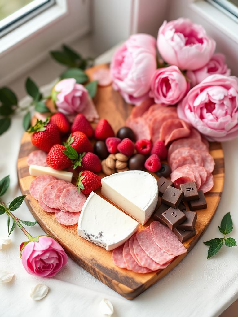 Heart-shaped charcuterie board with peonies