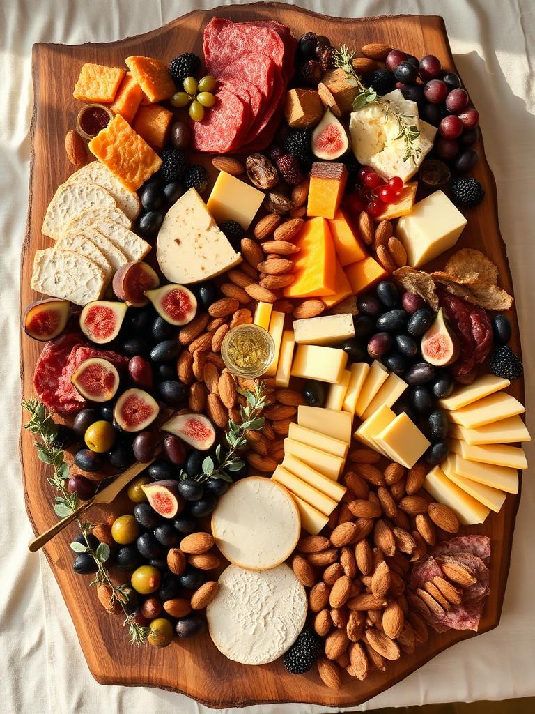 Abundant oversized charcuterie board on walnut wood