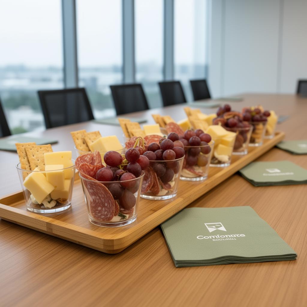 Individual corporate grazing cups on bamboo tray