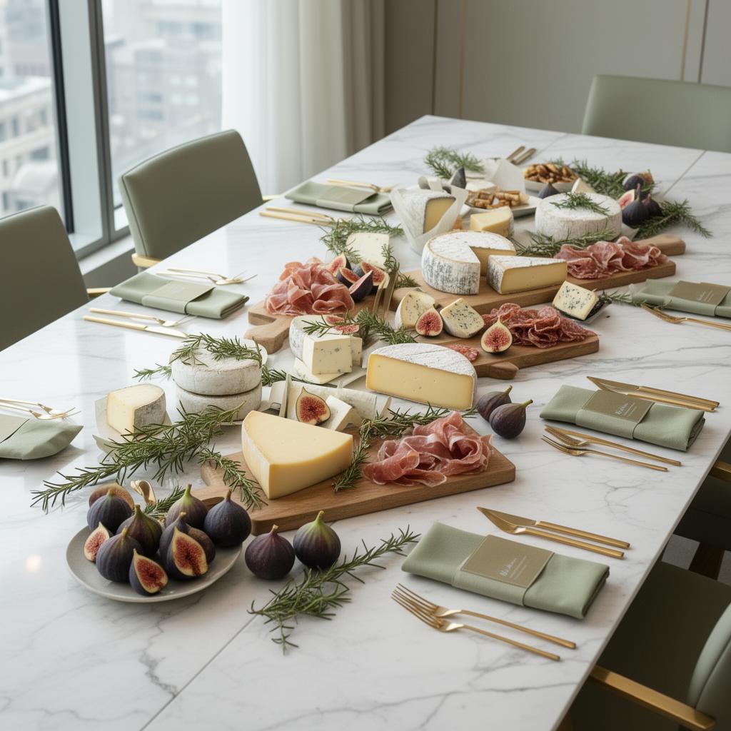 Elegant corporate charcuterie on marble conference table with sage accents