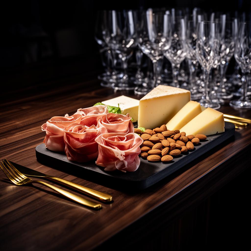 Corporate networking grazing display with prosciutto roses on walnut bar