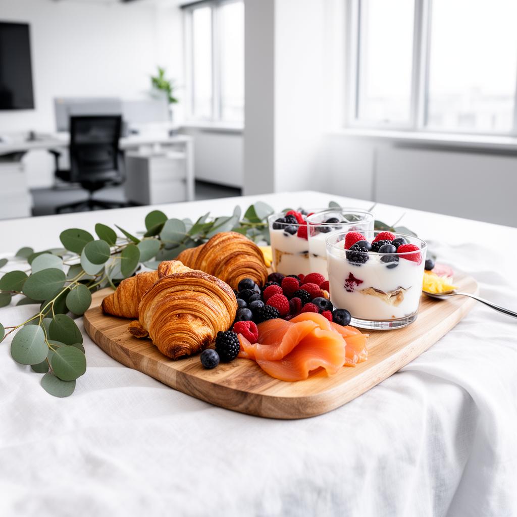 Modern corporate breakfast grazing board in bright office