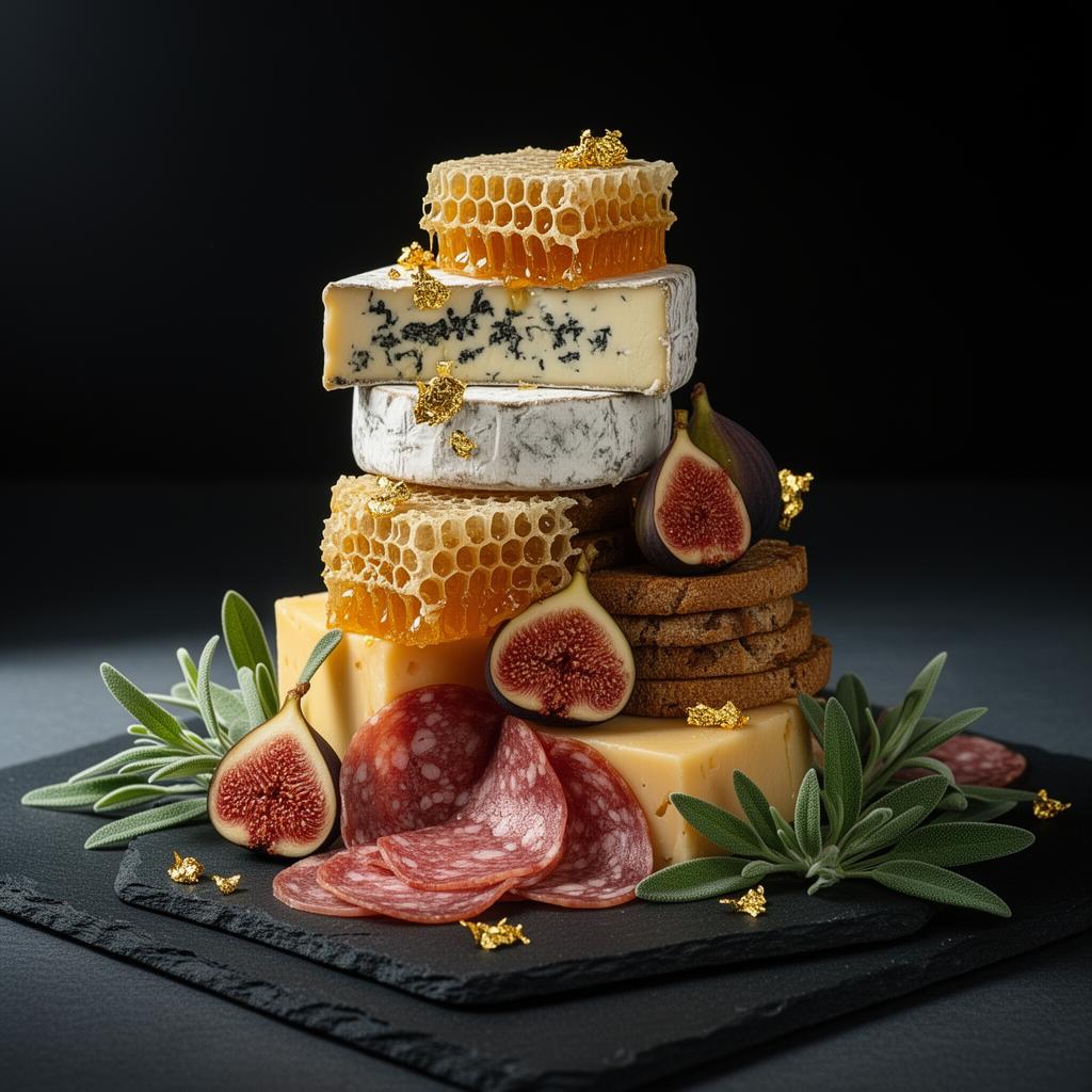 Luxe corporate cheese tower with gold leaf accents