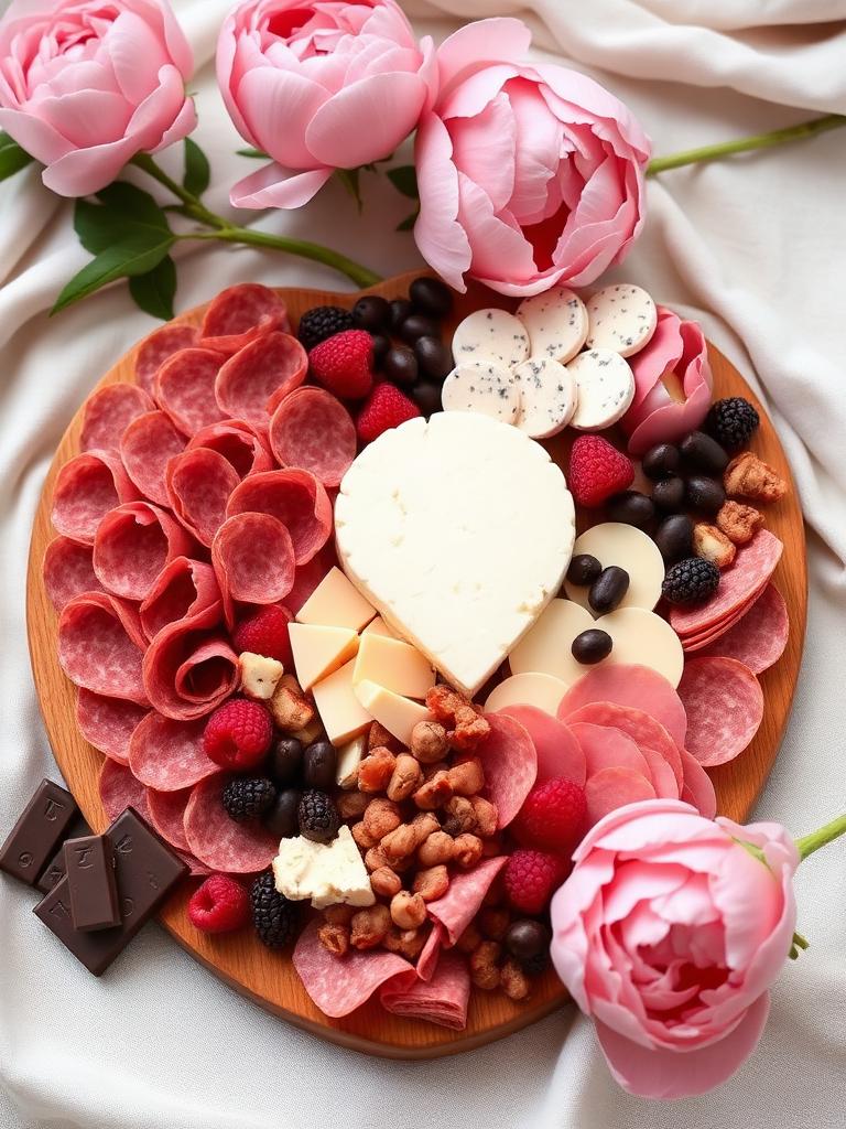 Anniversary heart charcuterie with peonies