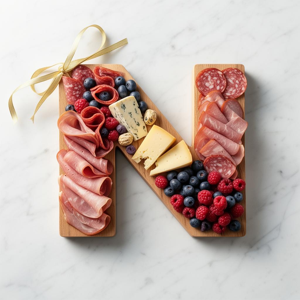 Custom letter-shaped charcuterie board with gold ribbon