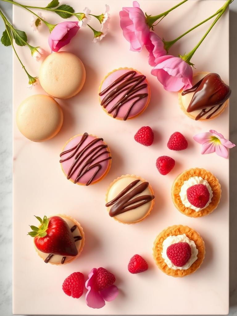 Pastel dessert board with macarons and tarts