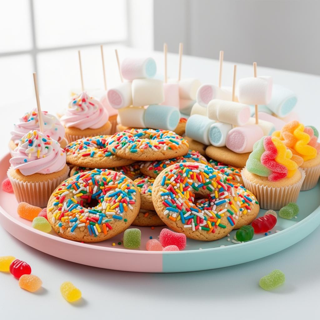 Kids birthday dessert board with cookies, cupcakes and marshmallows