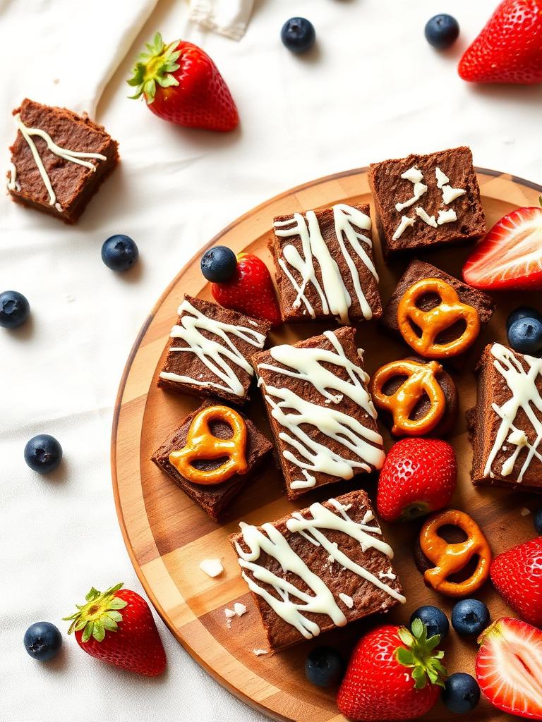 Dessert board with brownies and pretzels