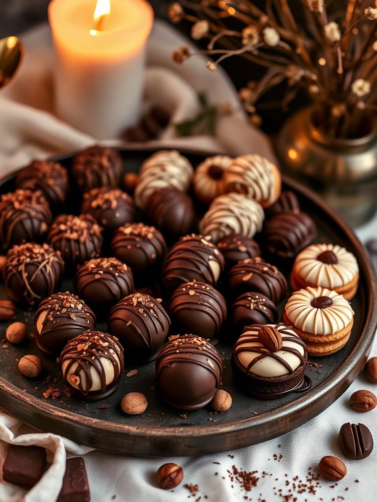 Chocolate truffle dessert board by candlelight
