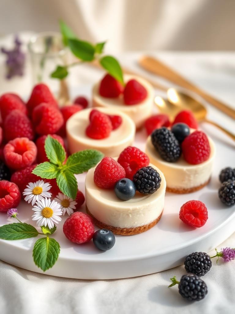 Mini cheesecakes with berries and edible flowers