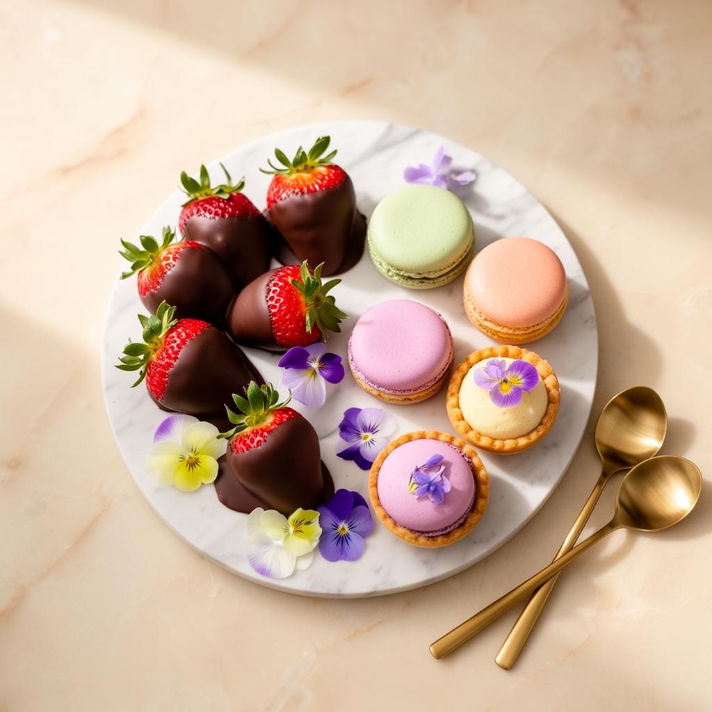 Elegant dessert board with macarons, tarts and edible flowers on marble
