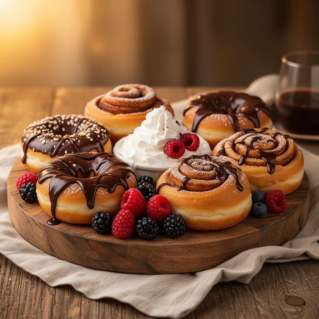 Decadent dessert grazing board with donuts and cinnamon rolls
