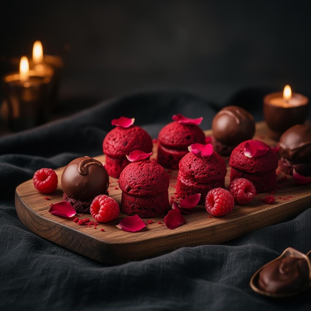Romantic red velvet dessert board with truffles and rose petals