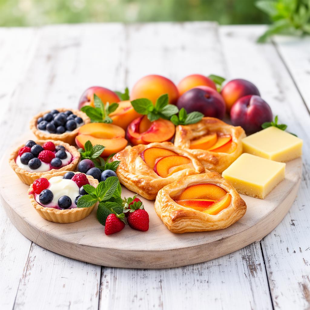 Summer dessert board with mini fruit tarts and stone fruits