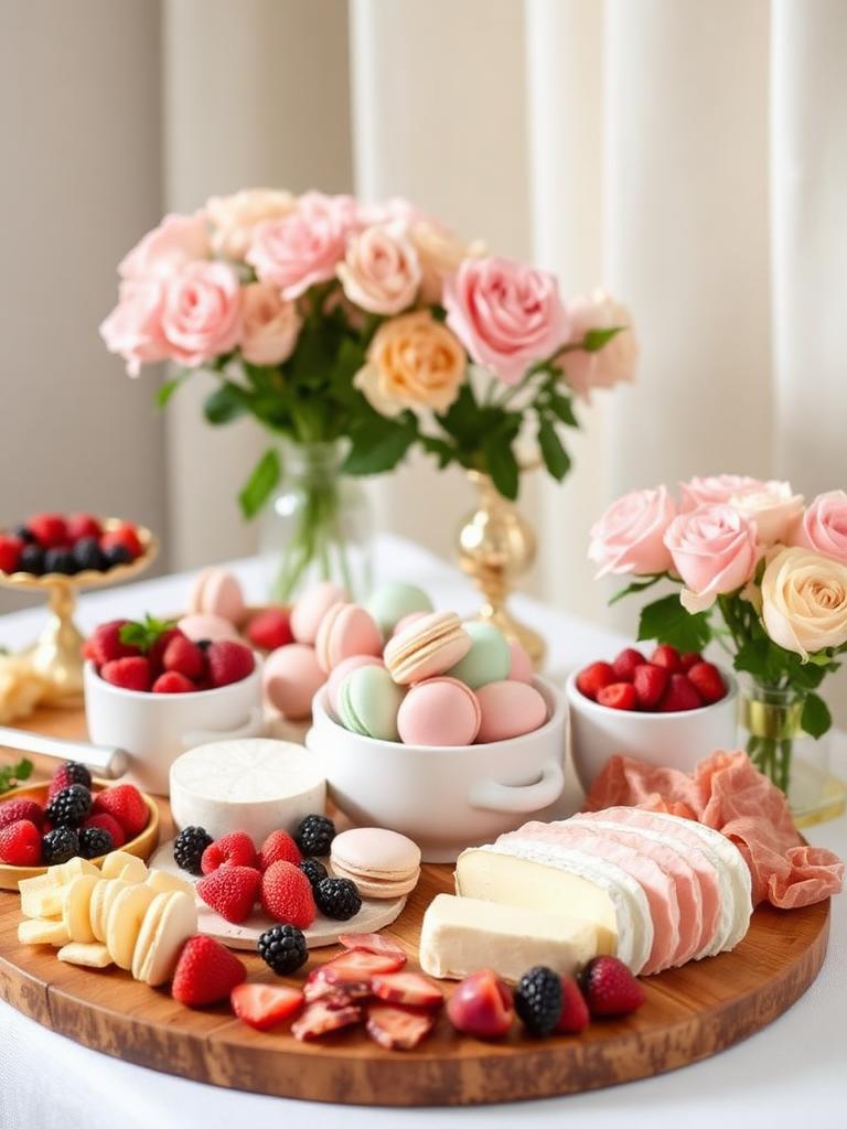 Bridal shower grazing table with pink roses