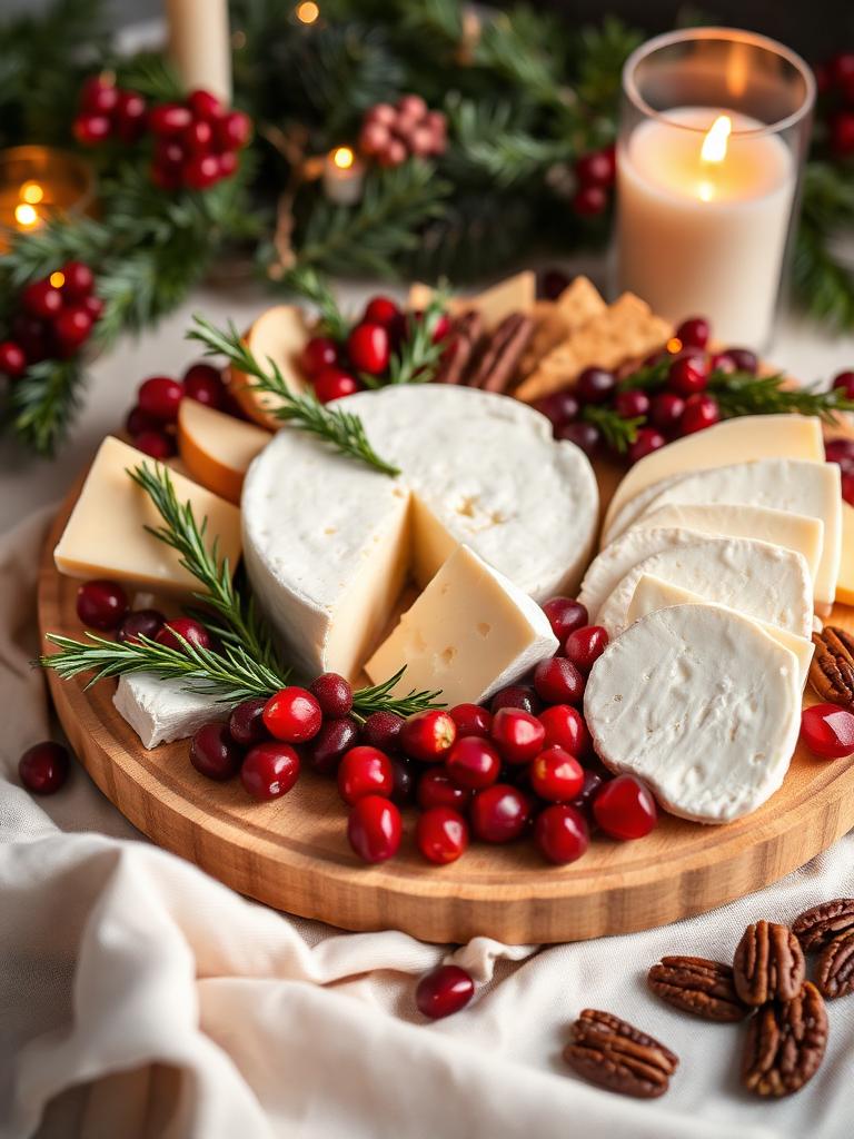 Christmas cheese board with cranberries and rosemary