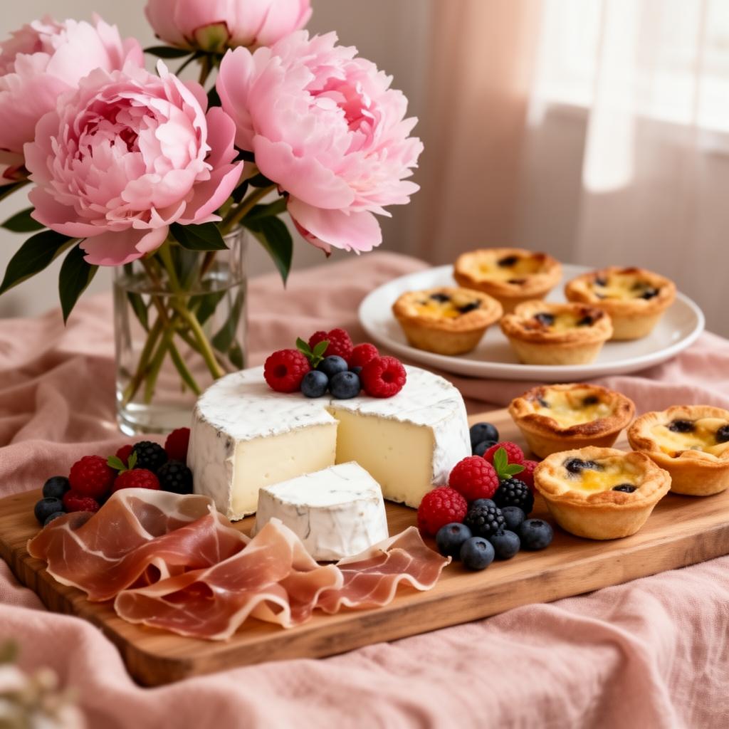 Mother's Day brunch charcuterie with pink peonies