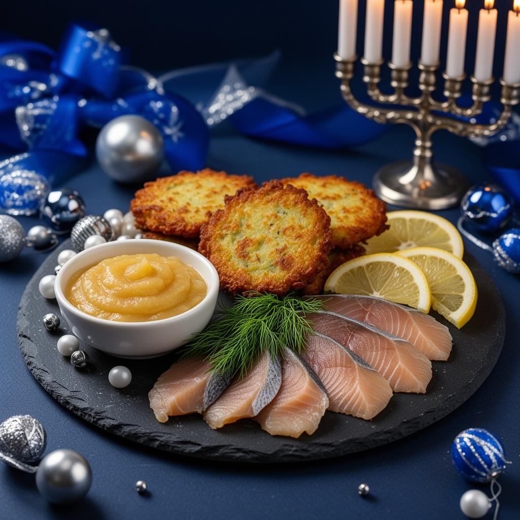 Hanukkah charcuterie with latkes, smoked fish and menorah