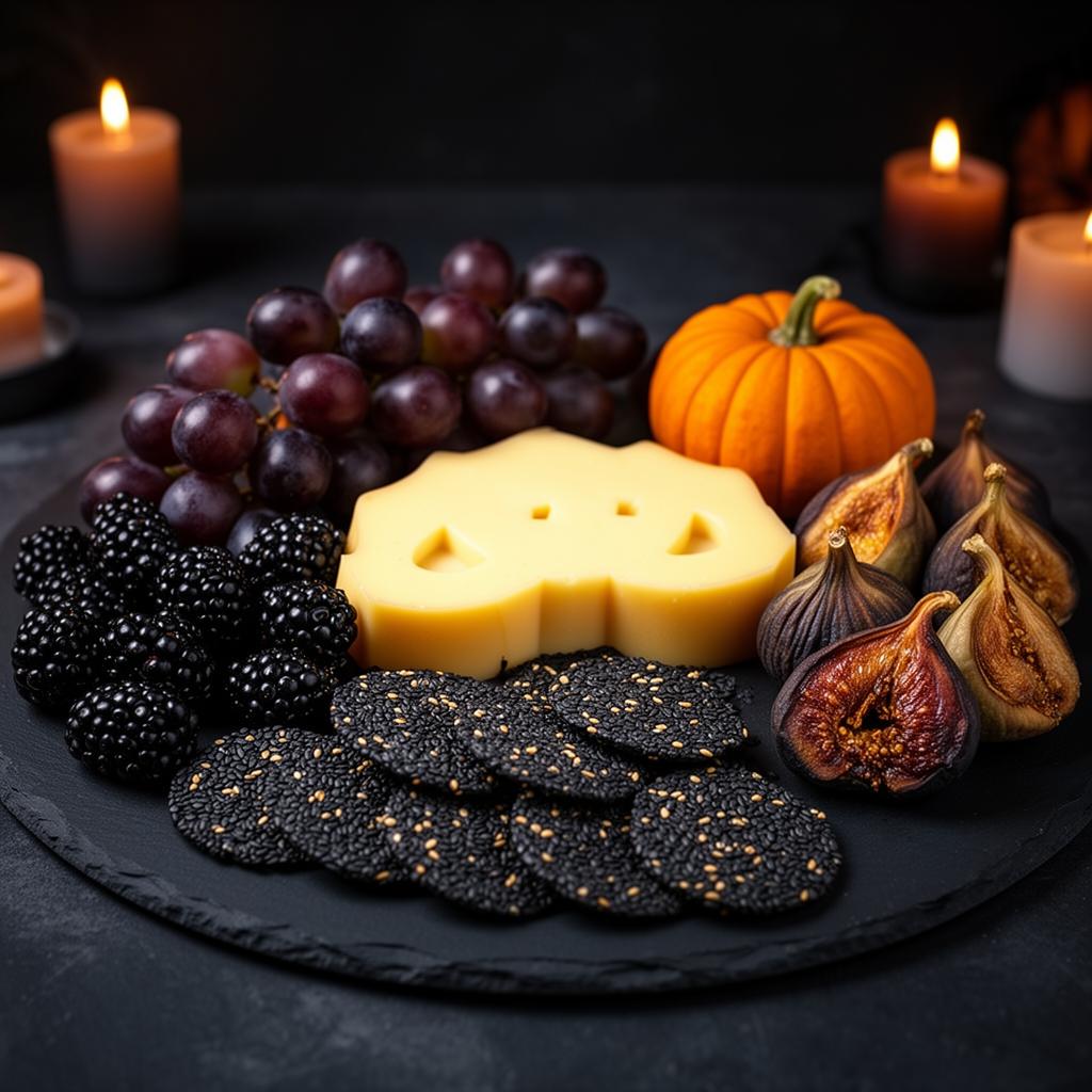 Sophisticated Halloween charcuterie board with dark fruits and pumpkin