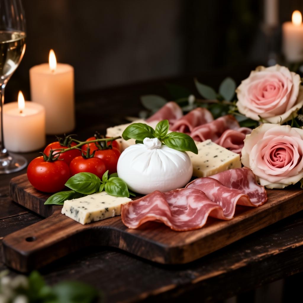 Rehearsal dinner Italian grazing board with burrata and roses