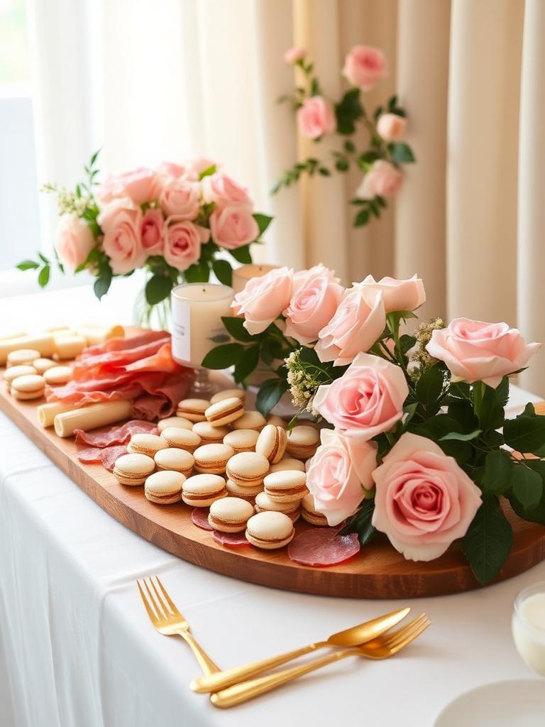 Bridal shower spread with macarons and pink roses
