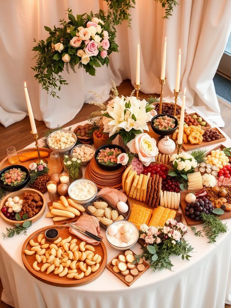 Wedding reception grazing table with florals and candles
