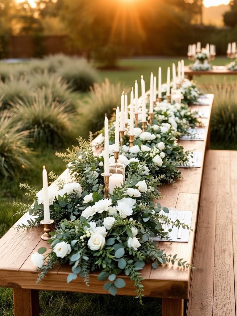 Outdoor garden wedding table at golden hour