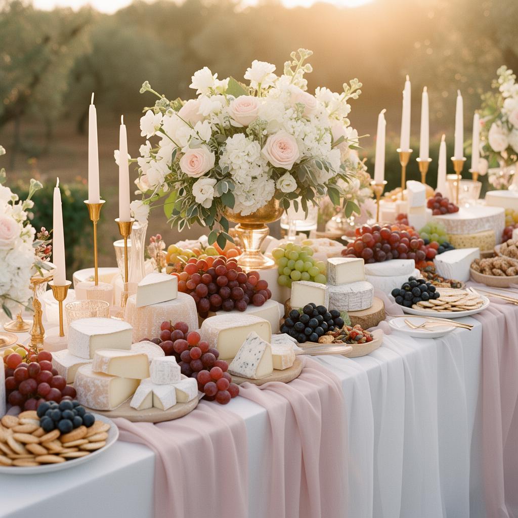Luxurious wedding grazing table with abundant cheeses and white florals