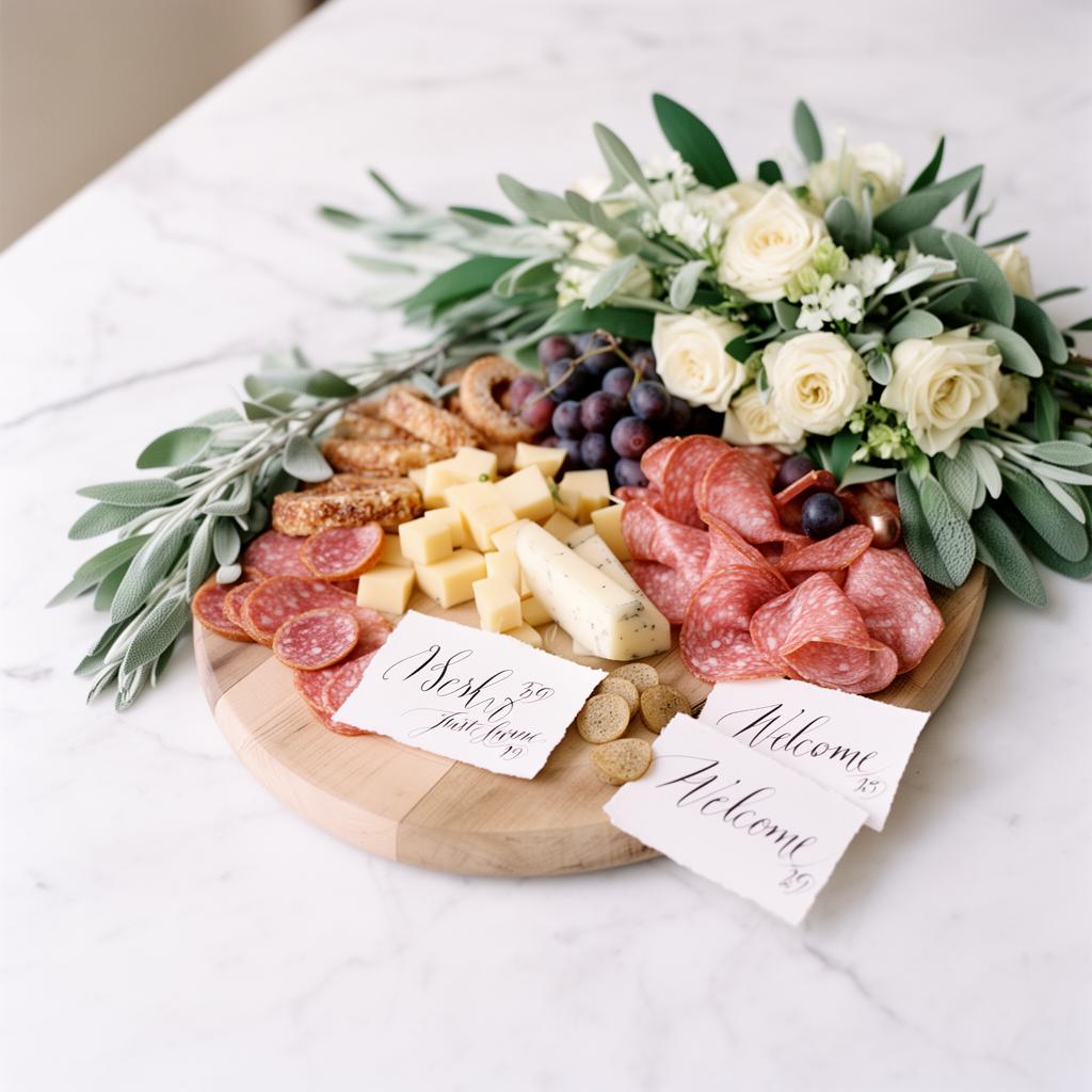 Intimate wedding welcome charcuterie with calligraphy place cards