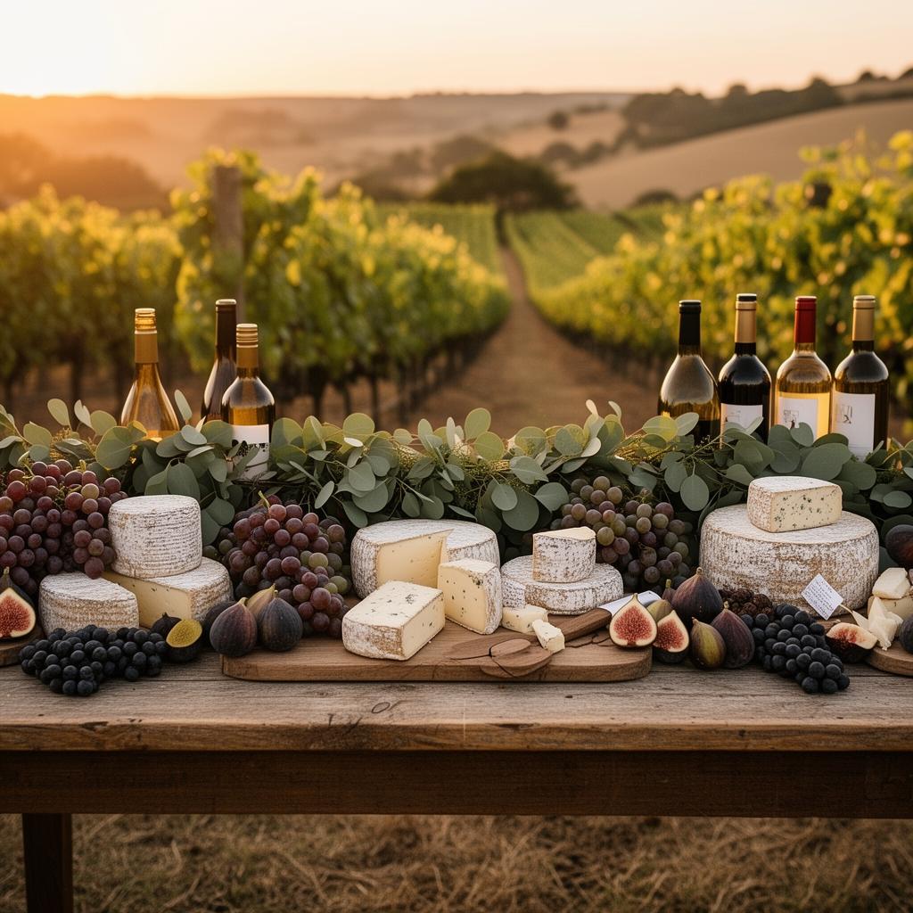 Rustic vineyard wedding cheese display at sunset