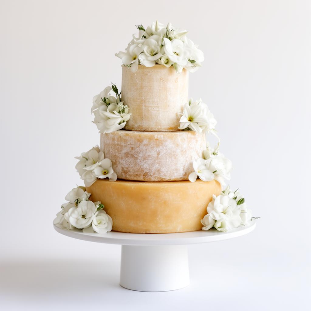 Modern minimalist wedding cheese tower with white florals